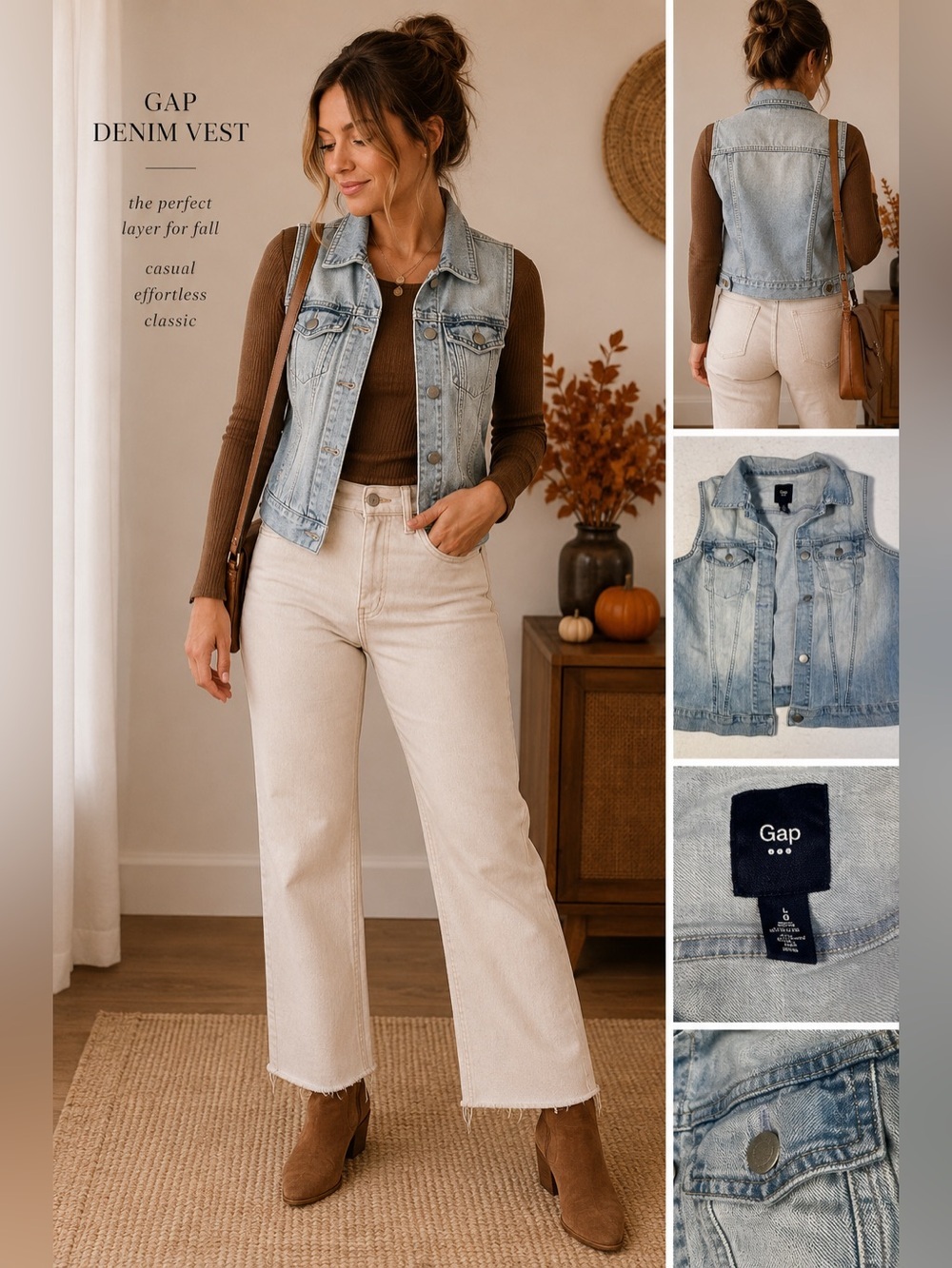 GAP Light Wash Denim Vest Women’s Medium Button Front Stretch Jean Jacket